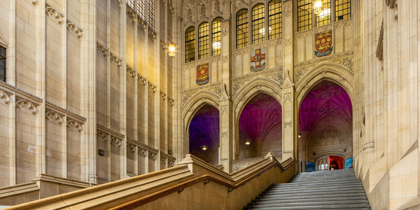 The staircase in the foyer of Wills Memorial Building, leading up to the Great Hall.